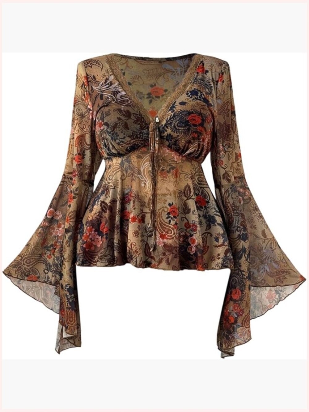 Plus Size Bell Sleeve Top Y2K Boho Flowy Lace Trim Mesh Blouse